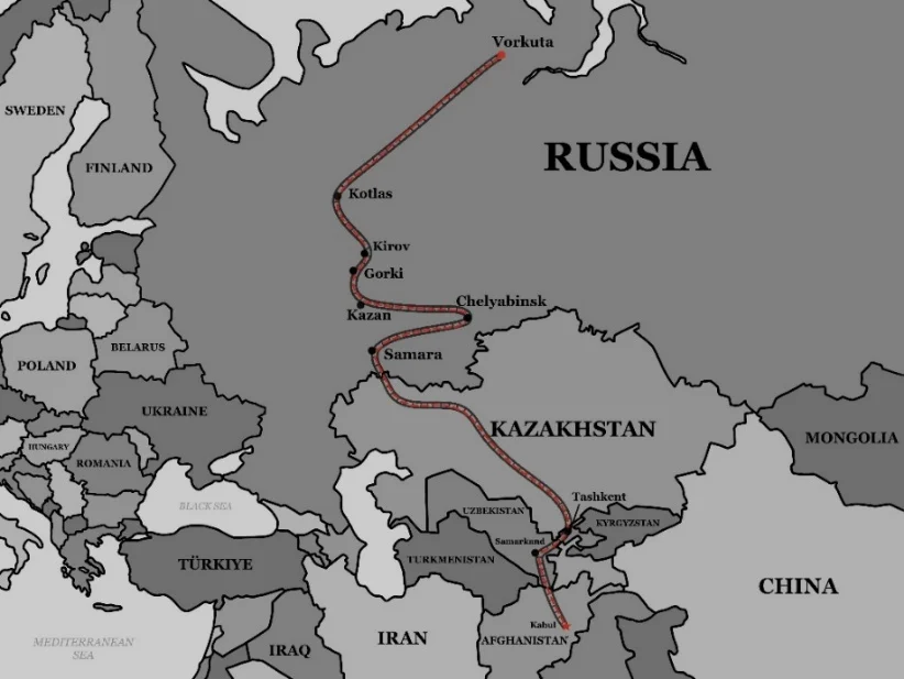 Route illustration from the manuscript showing the journey south from Russia towards India